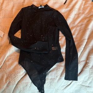 Lulu's Black Sheer Bodysuit with Sparkle Accents
